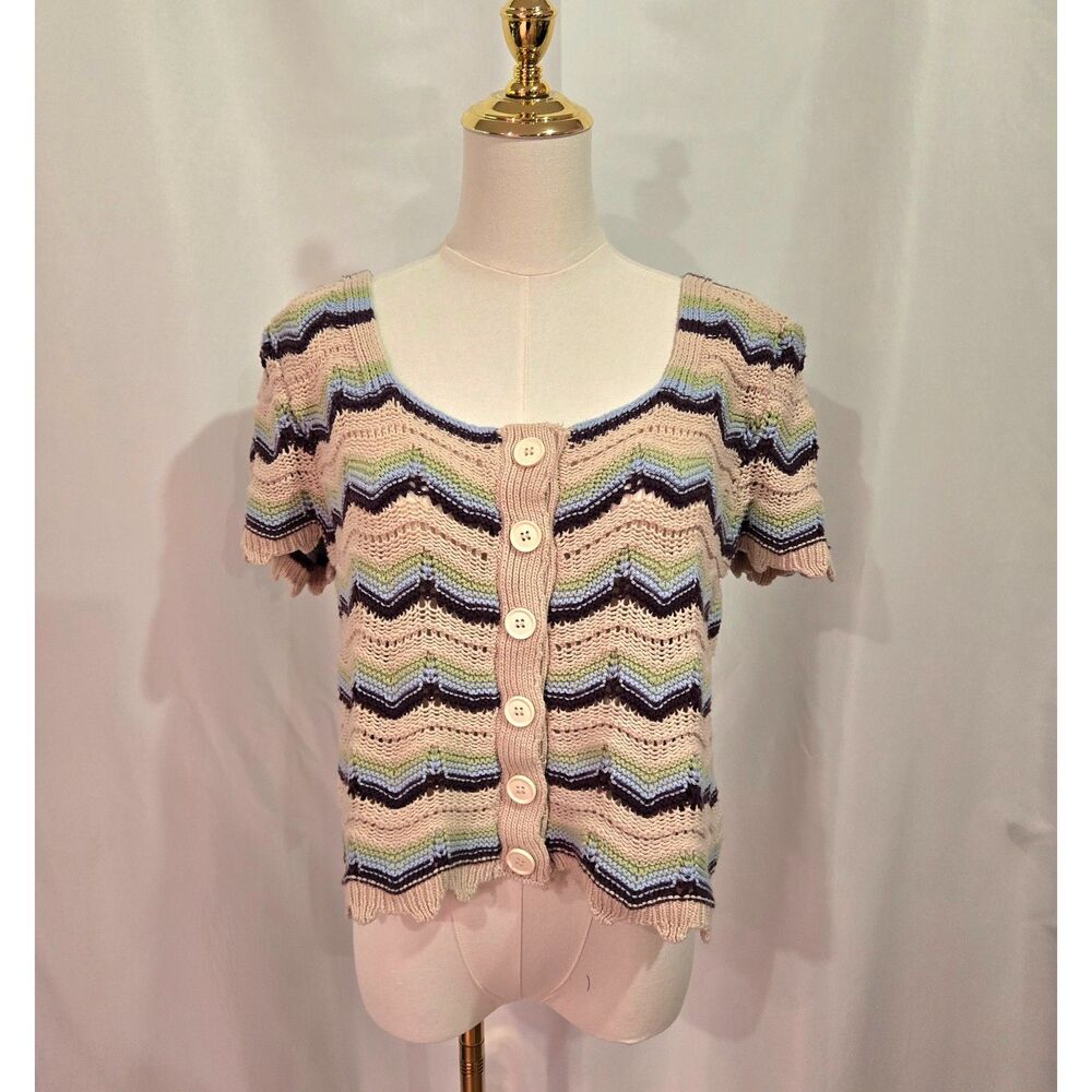 Cider Crocheted Button Up Short Sleeve Blouse - Size 1XL